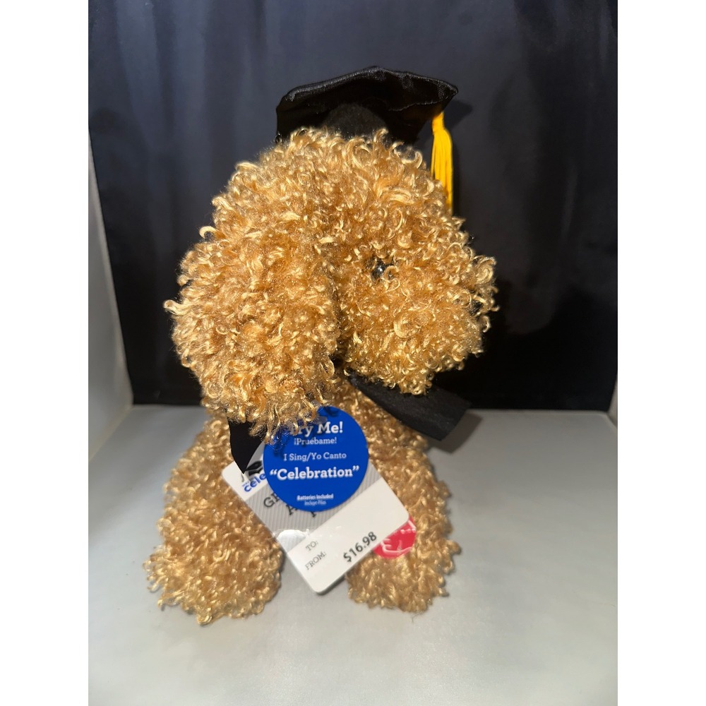 Graduation Poodle Plush Musical Singing Celebration Tan Curly Dog Toy NWT - Picture 2 of 3